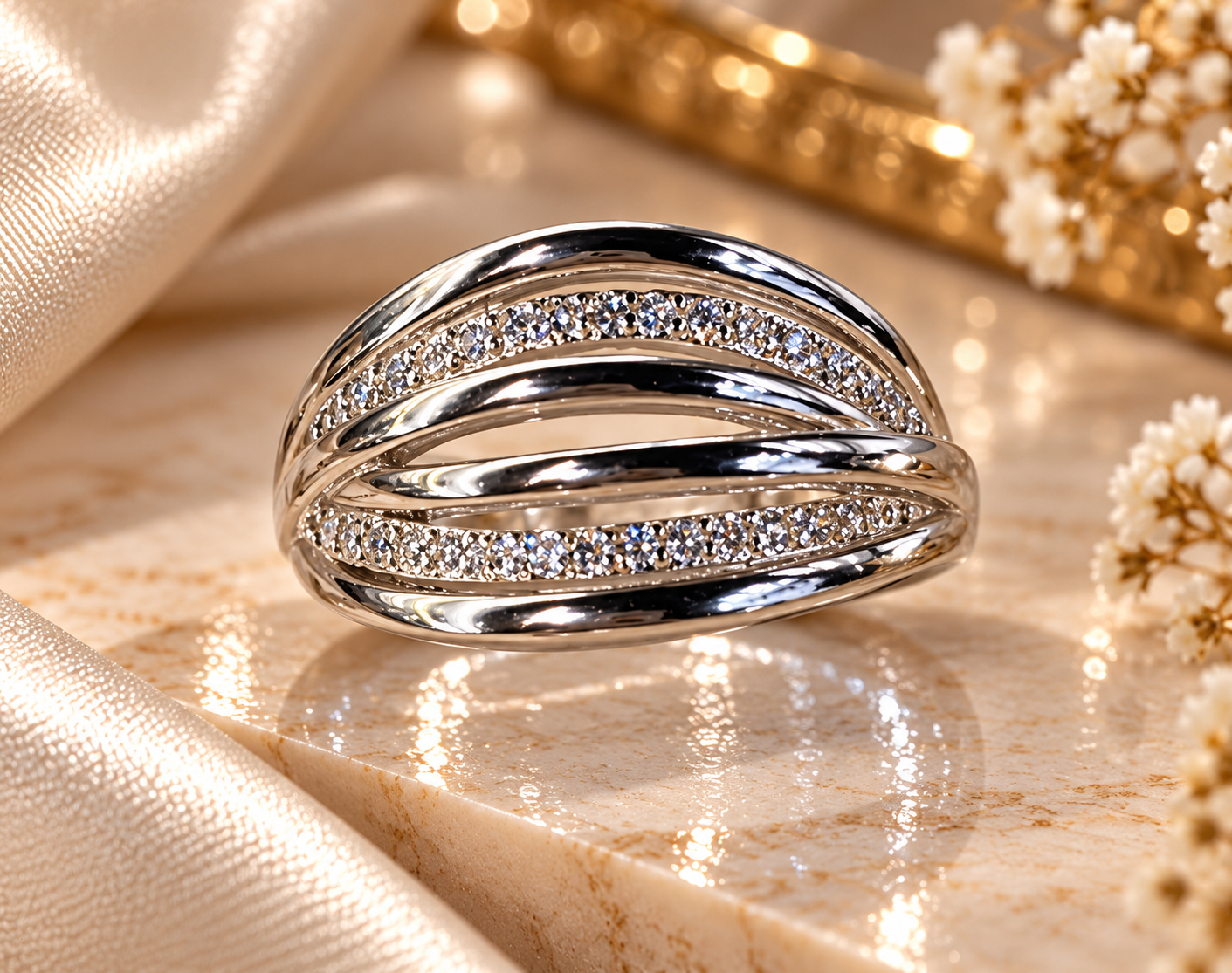 انگشتر نقره زنانه 925 موج نقره‌ای با طراحی چند ردیفه