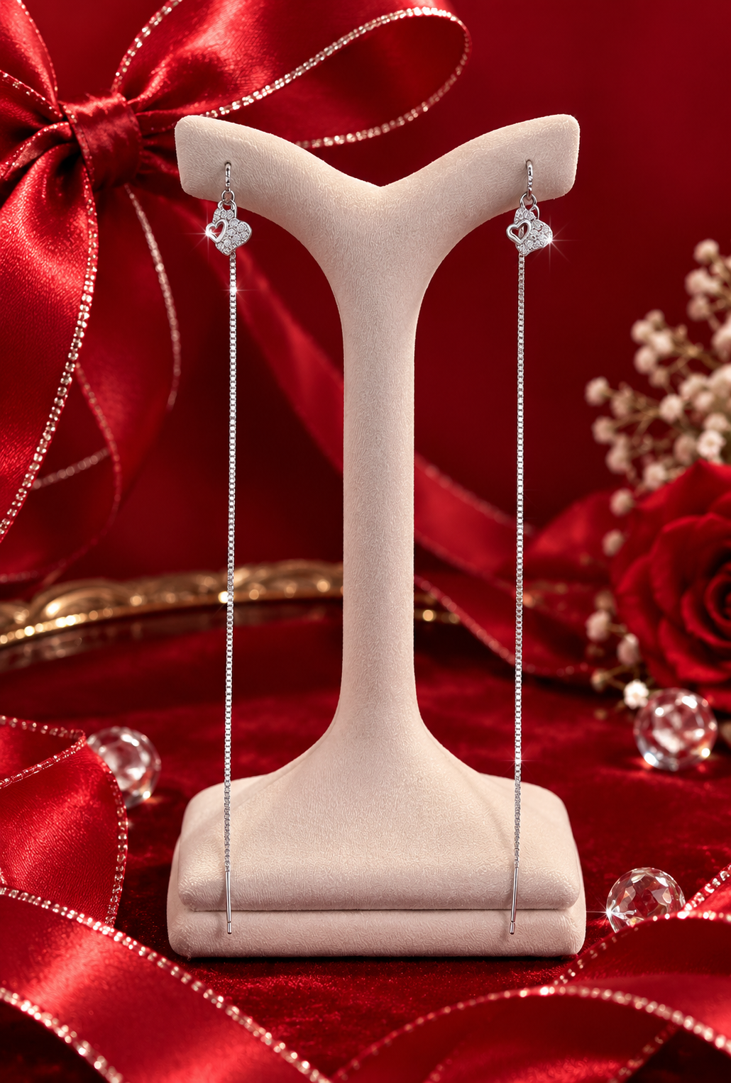 گوشواره بخیه‌ای نقره زنانه 925 قلب دوگانه با آویز قلب نگین‌دار